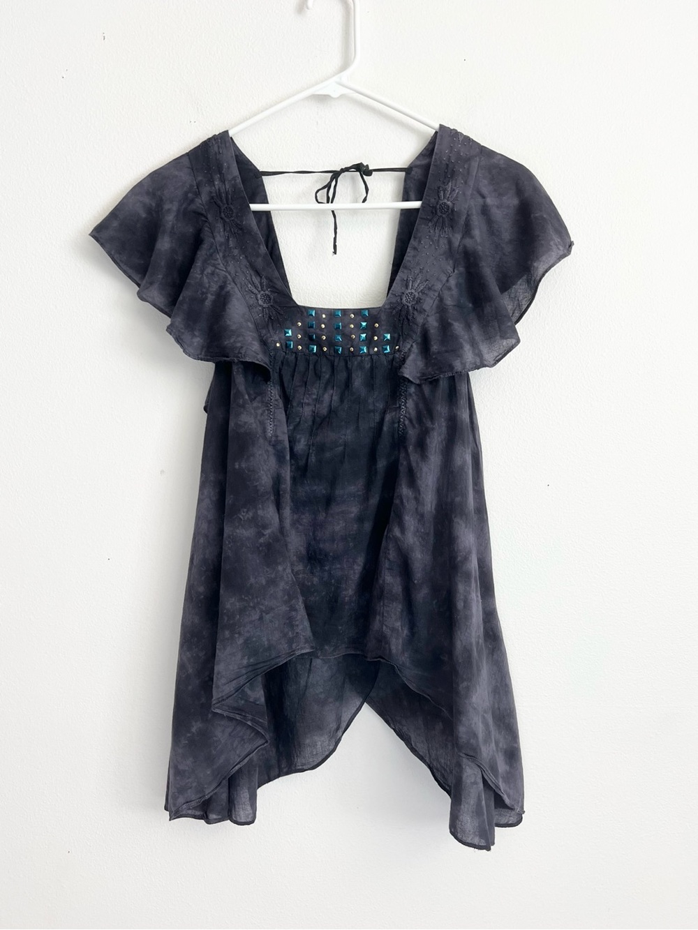 Free People Handkerchief Top Flutter Sleeve Embroidered Asymmetric Boho Grunge